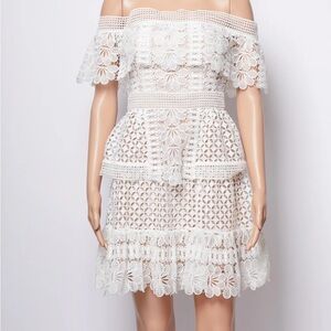 Self-Portrait White Guipure Lace Mini Dress Off Shoulder UK8 US4 Ivory
